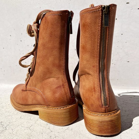 NEW Camel Brown Laced Up Zipper Back Wooden Heel Mid Calf Ankle Combat Boots - Picture 5 of 13